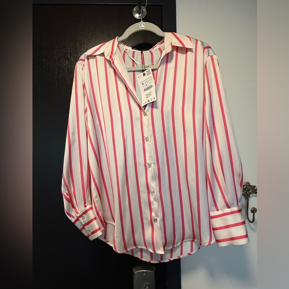 Zara pink & white silk striped blouse